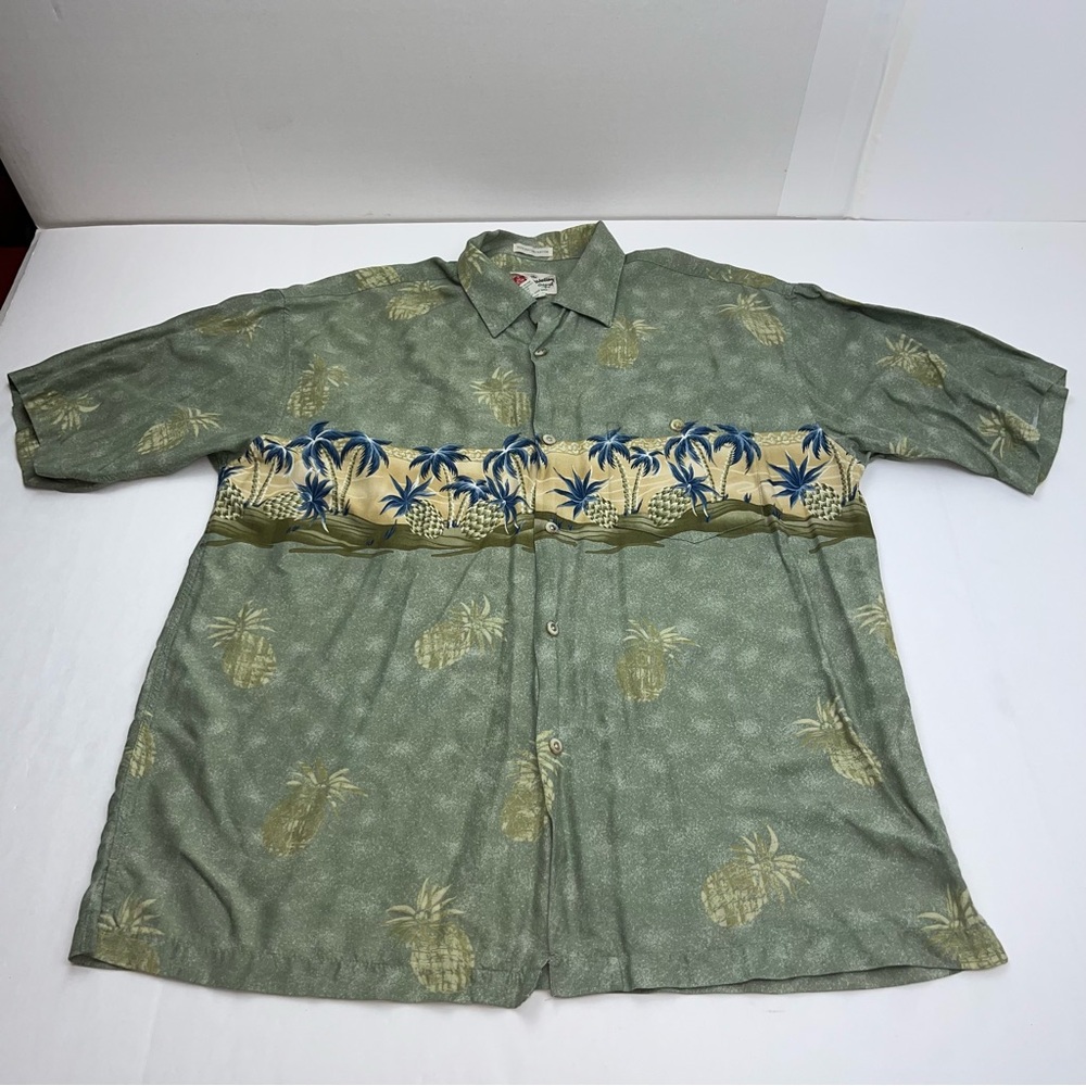 Hilo Hattie Green Hawaiian‎ Button Front Shirt Palm Tree Pineapple Mens Large